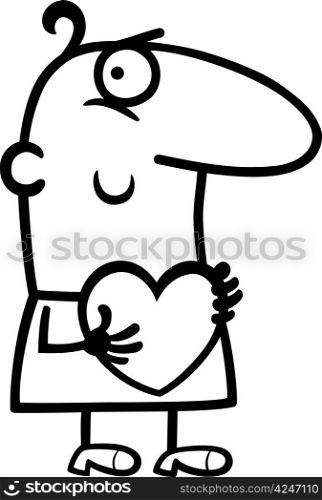 Black and White Cartoon St Valentines Illustration of Funny Man in Love with Heart in his Hands
