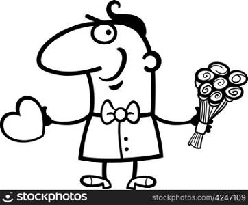 Black and White Cartoon St Valentines Illustration of Happy Funny Man in Love with Valentine Card and Bunch of Flowers