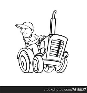 Black and white cartoon style illustration of farmer or gardener riding and driving a vintage farm tractor on isolated background.. Farmer Riding and Driving a Vintage Farm Tractor Cartoon Black and White