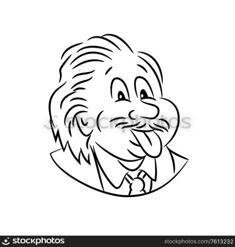 Black and White Cartoon style illustration of head of nerdy genius scientist Albert Einstein sticking his tongue out viewed from front on isolated white background.. Albert Einstein Sticking Tongue Out Cartoon Black and White