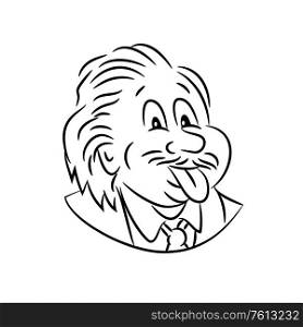 Black and White Cartoon style illustration of head of nerdy genius scientist Albert Einstein sticking his tongue out viewed from front on isolated white background.. Albert Einstein Sticking Tongue Out Cartoon Black and White