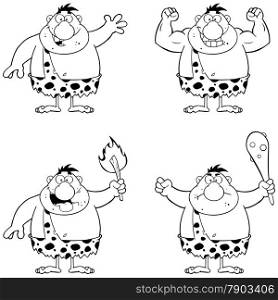 Black And White Caveman Cartoon Character. Collection Set