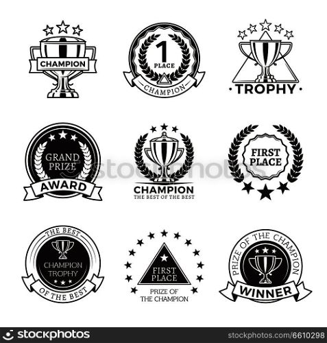 Black and White champion trophies and medals isolated on white background. Awards for first place, for best logotype design vector illustration. Shiny cups and rewards for outstanding achievements.. Black and White Champion Trophies and Medals Set