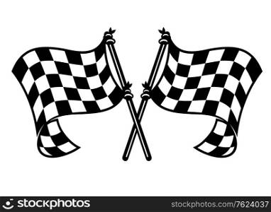 Black and white checkered motor sports flags curling in the breeze with crossed flagpoles. Motor sports flags curling in the breeze