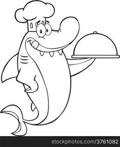 Black And White Chef Shark Cartoon Character Holding A Platter