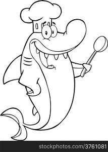 Black And White Chef Shark Cartoon Character With Big Spoon