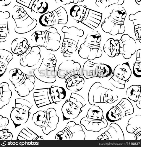 Black and white chefs silhouettes in toques seamless pattern of smiling moustached cooks of french and italian, chinese and japanese cuisines. Cafe and restaurant menu background design. Chefs in cook hats seamless pattern