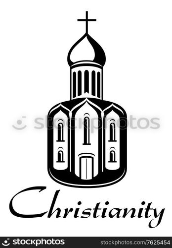 Black and white Christianity icon depicting the exterior of a church with a steeple or bell tower, onion dome and cross with the word - Christianity below. Black and white vector Christianity icon