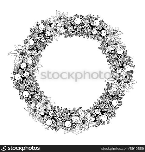 Black and white christmas holiday decoration wreath frame vector illustration. Christmas Wreath Illustration