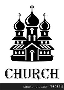 Black and white church icon with the front facade of a church with three onion domes with crosses and the word - Church - below. Black and white church icon