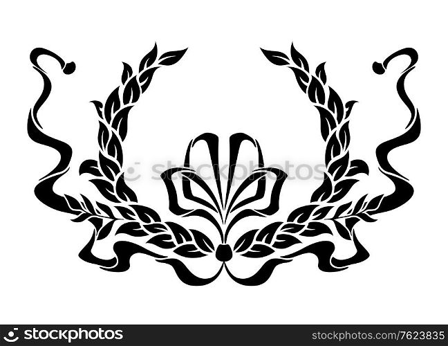 Black and white circular foliate laurel wreath with a swirling ornamental ribbon and bow