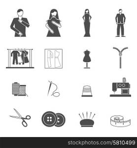 Black and white clothes and fashion designer tools and materials flat icon set isolated vector illustration. Fashion designer tools icon set