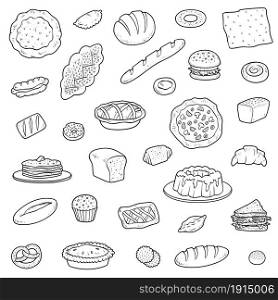 Black and white collection about bread bakery products. Vector set of cartoon pastry and baked goods