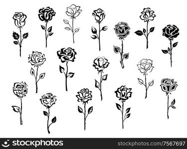 Black and white collection of rose icons in sketch style each one showing a different single long stemmed rose symbolic of love, vector illustration on white