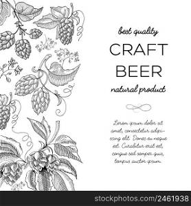 Black and white colored with hop cartoons with berries, foliage and many decorative squiggles and inscription about natural product of craft beerbest quality hand drawn doodle vector illustration. Black And White Colored Hop Doodle