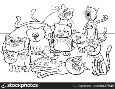 Black and White Coloring Book Cartoon Illustration of Funny Cats or Kittens Animal Characters Group