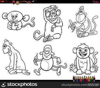 Black and White Coloring Book Cartoon Illustration of Monkeys Animal Funny Characters Set
