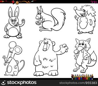 Black and White Coloring Book Cartoon Illustration of Wild Animal Characters Set