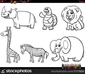 Black and White Coloring Book Cartoon Illustration of Wild Animal Funny Characters Collection