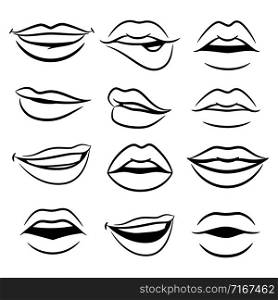 Black and white comic female lips vector set. Illustration of lips girlish collection, vogue female. Black and white comic female lips vector set