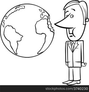Black and White Concept Cartoon Illustration of Businessman Biting the Earth or Overexploitation Economy Metaphor