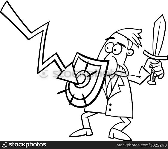 Black and White Concept Cartoon Illustration of Businessman fighting with Economic Crisis or Recession