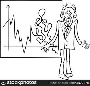 Black and White Concept Cartoon Illustration of Economic Crisis Diagram and Businessman with Cheesy Grin