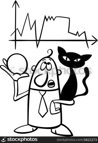 Black and White Concept Cartoon Illustration of Funny Diviner Businessman with Black Cat and Crystal Ball