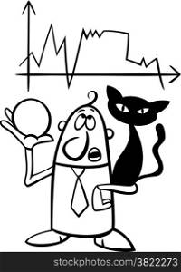 Black and White Concept Cartoon Illustration of Funny Diviner Businessman with Black Cat and Crystal Ball