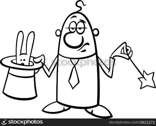 Black and White Concept Cartoon Illustration of Funny Illusionist Businessman with Hat and Magic Wand
