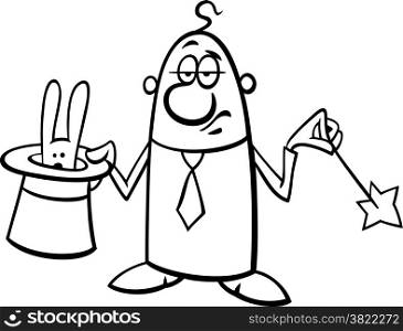 Black and White Concept Cartoon Illustration of Funny Illusionist Businessman with Hat and Magic Wand
