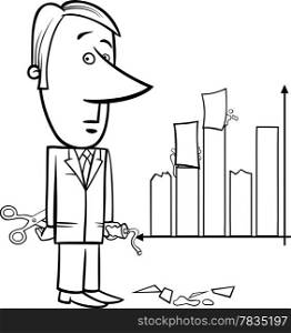 Black and White Concept Cartoon Illustration of Man or Businessman Handling or Missleading Graph Data