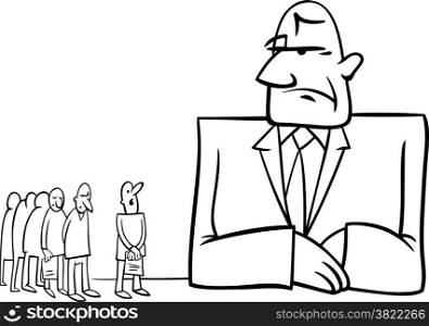 Black and White Concept Cartoon Illustration of People in Bank