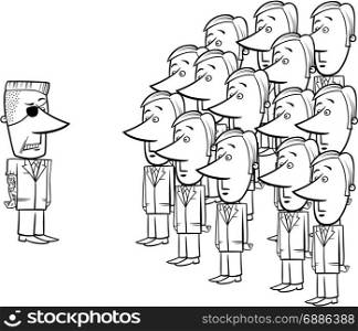 Black and White Concept Cartoon Illustration of Young Corporate Employees and a Senior Manager