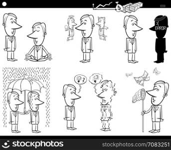 Black and White Concept Cartoon Illustration Set of Business Metaphors with Funny Businessman Characters