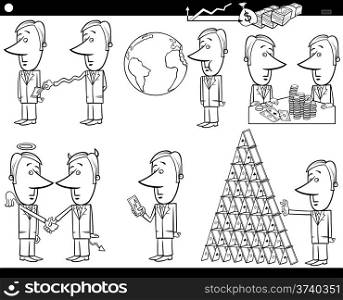 Black and White Concept Cartoon Illustration Set of Funny Men or Businessmen Characters and Business Metaphors