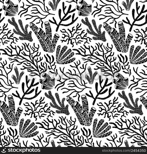 Black and White Coral Vector Seamless Pattern. Awesome for classic product design, fabric, backgrounds, invitations, packaging design projects. Surface pattern design.