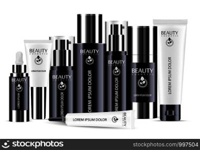 Black and white cosmetic bottle blank templates set, plastic containers bottles with spray, dispenser and dropper, cream tubes. Realistic 3d mock-up of cosmetics package.. Black and white cosmetic bottle blank template set
