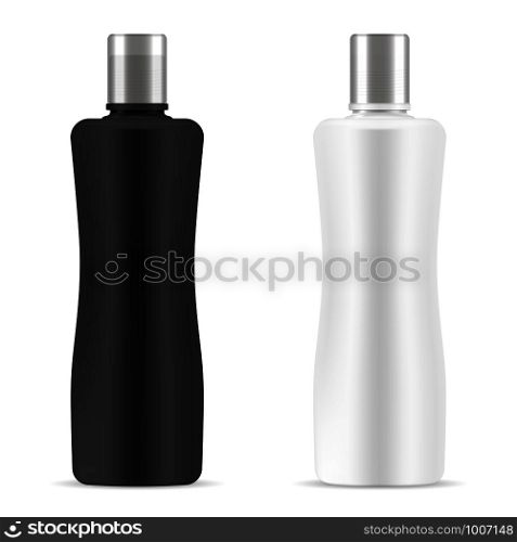 Black and White cosmetic bottles mockup set. Realistic vector 3d illustration of cosmetics package for shampoo. shower gel,soap with silver lid. Clear blank template for your design.. Black and White cosmetic bottles mockup set.