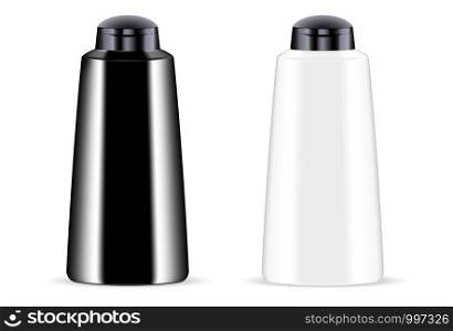 Black and white cosmetic bottles set for shower gel, lotion, conditioner. Luxury product design. Vector mockup of body cosmetics packaging. Sample logo and label in it.. Cosmetic bottles set for gel, lotion, conditioner