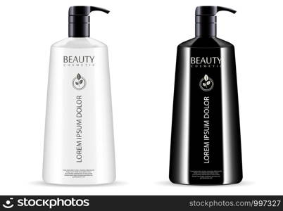 Black and white cosmetic pump dispenser bottles set for shower gel, liquid soap, conditioner. Luxury product design packaging. Vector cosmetics mockup illustration.. Black white cosmetic pump dispenser bottles set