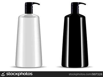 Black and white cosmetic pump dispenser bottles set for shower gel, liquid soap, conditioner. Luxury product design packaging. Vector cosmetics mockup illustration.. Black white cosmetic pump dispenser bottles set