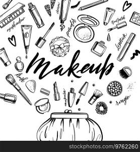 Black and white cosmetics background with lettering makeup. Hand drawn decorative cosmetics set
