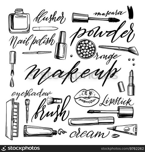 Black and white cosmetics background with lettering makeup. Hand drawn decorative cosmetics set