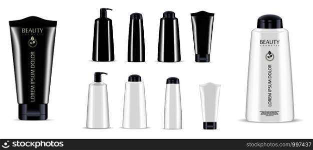 Black and white cosmetics bottle jar set whith black top caps. Realistic 3d mock-up of cosmetics package. Vector illustration of dispenser and dropper, cream jar, shampoo, lotion, soap, toothpaste, ointment.. Cosmetic bottle jar set. Dispenser, dropper, tube