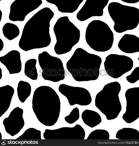 Black and White Cow pattern background, animal skin print, vector seamless design. Farm animal fur pattern with black spots background, modern decoration. Black and White Cow pattern background animal skin