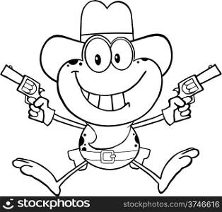 Black And White Cowboy Frog Cartoon Character Holding Up Two Revolvers
