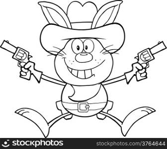 Black And White Cowboy Rabbit Cartoon Character Holding Up Two Revolvers