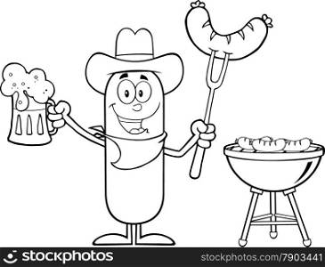 Black And White Cowboy Sausage Cartoon Character Holding A Beer And Weenie Next To BBQ