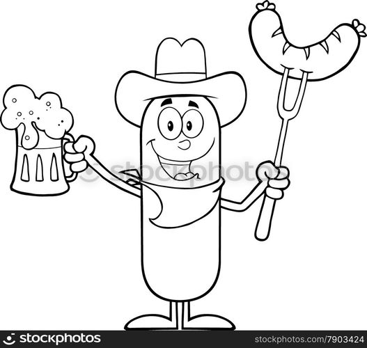 Black And White Cowboy Sausage Cartoon Character Holding A Beer And Weenie On A Fork